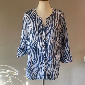 JM collection LINEN blue white zebra print button up Blouse roll tab sleeve 18